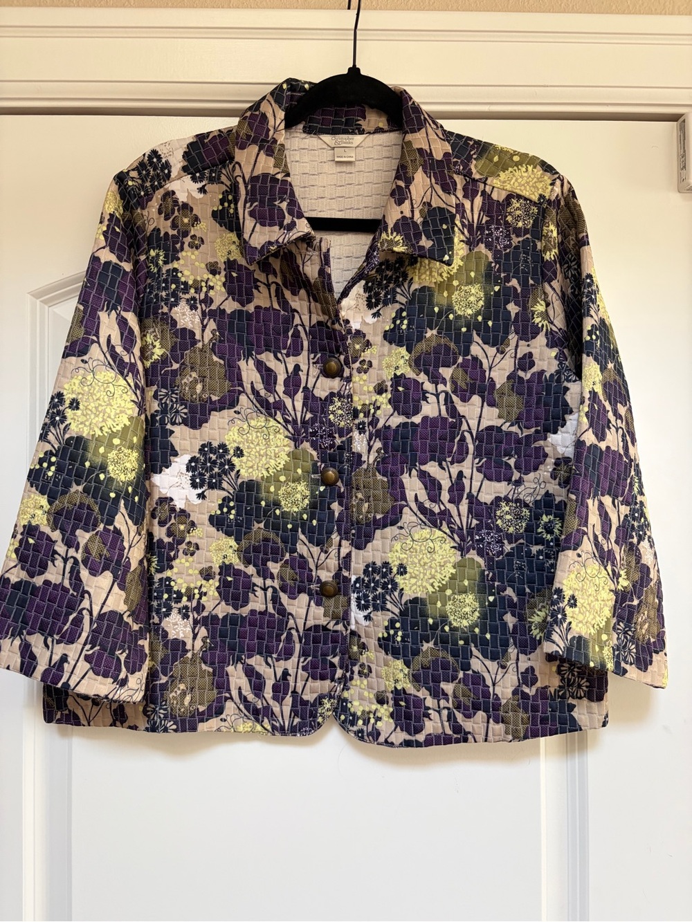 Christopher & Banks Women's Jacket Sz L Button Front Floral Quilted 3/4 Sleeve